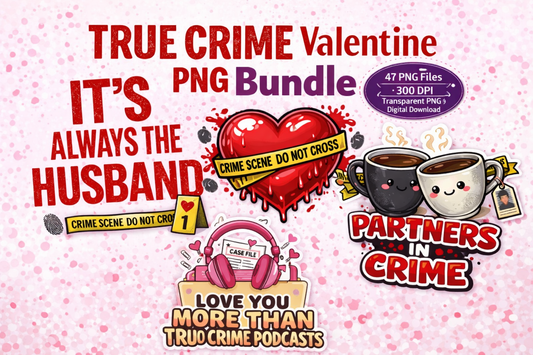 True Crime Valentine PNG Bundle featuring 47 edgy and sarcastic Valentine designs with crime scene tape, evidence markers, dark humor phrases, podcast-inspired graphics, and hearts, 300 DPI transparent PNG files