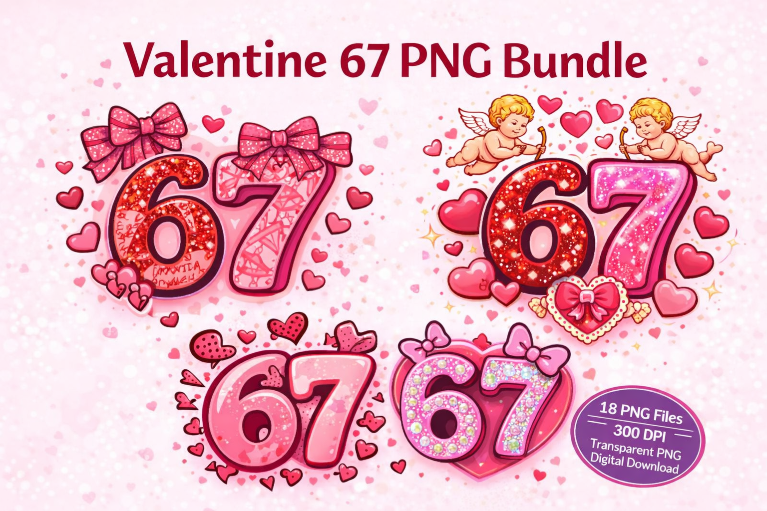 Valentine 67 PNG Bundle featuring 18 trendy and playful Valentine number designs with bows, hearts, glitter, and cute Valentine details, 300 DPI transparent PNG files