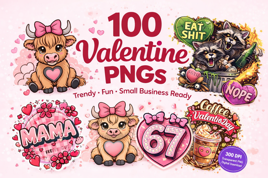Valentine PNG Bundle with 100 trendy Valentine designs including coffee, mama, gnomes, anti-Valentine, and popular 67 graphics for small businesses