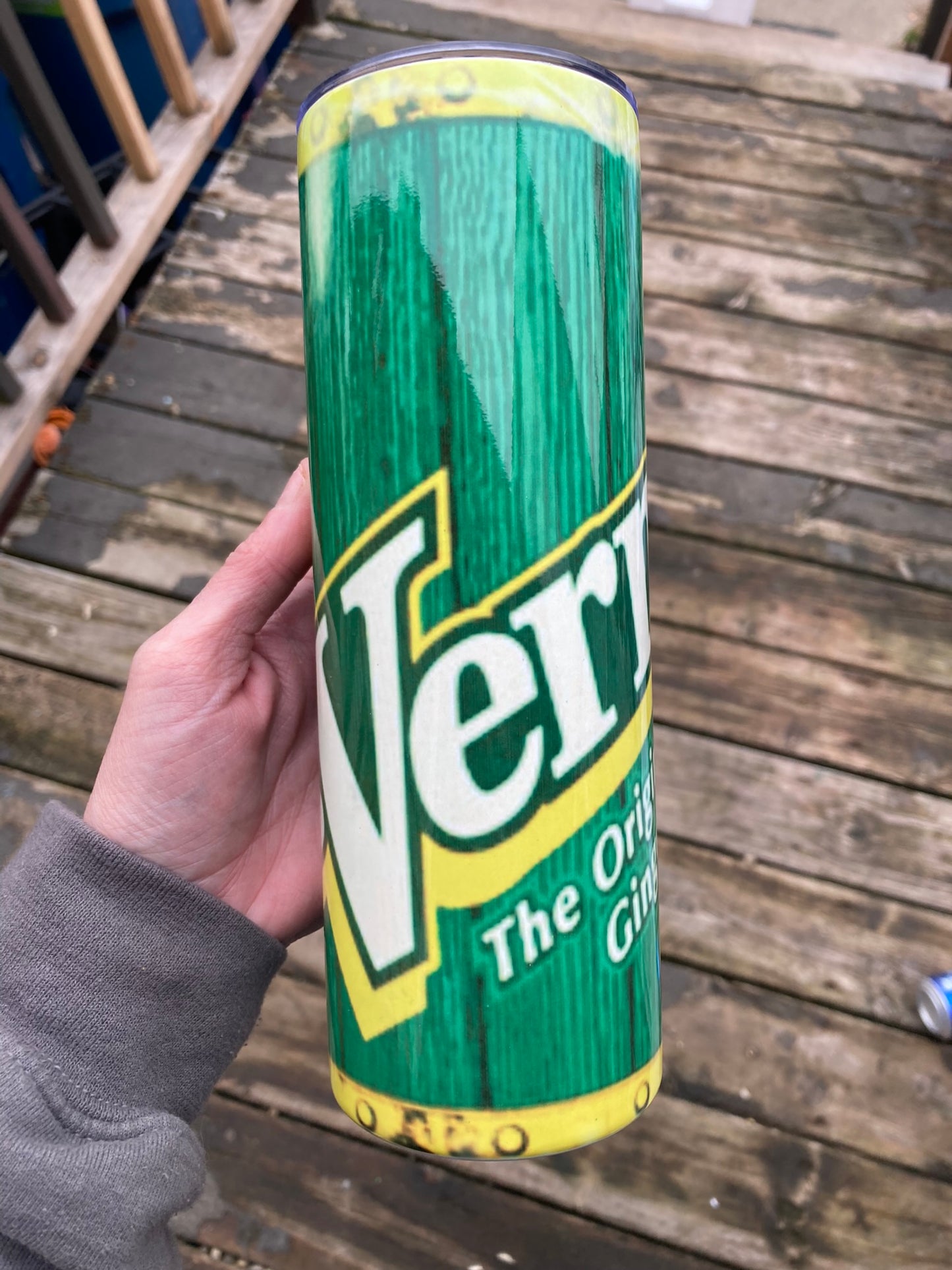 20oz skinny tumbler featuring Vernors inspired design with green and yellow vintage soda branding look