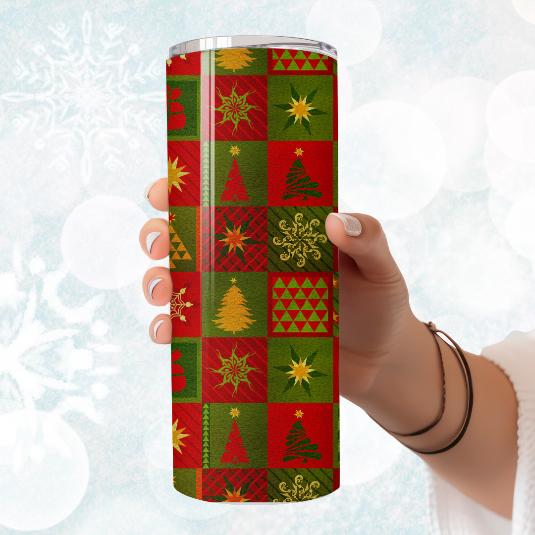 Vintage Patchwork Christmas Holiday Tumbler – Red & Green Holiday Cup