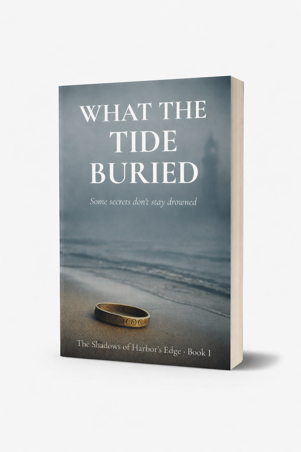 Book cover of 'What the Tide Buried' with a ring on a beach and lighthouse in the background.
