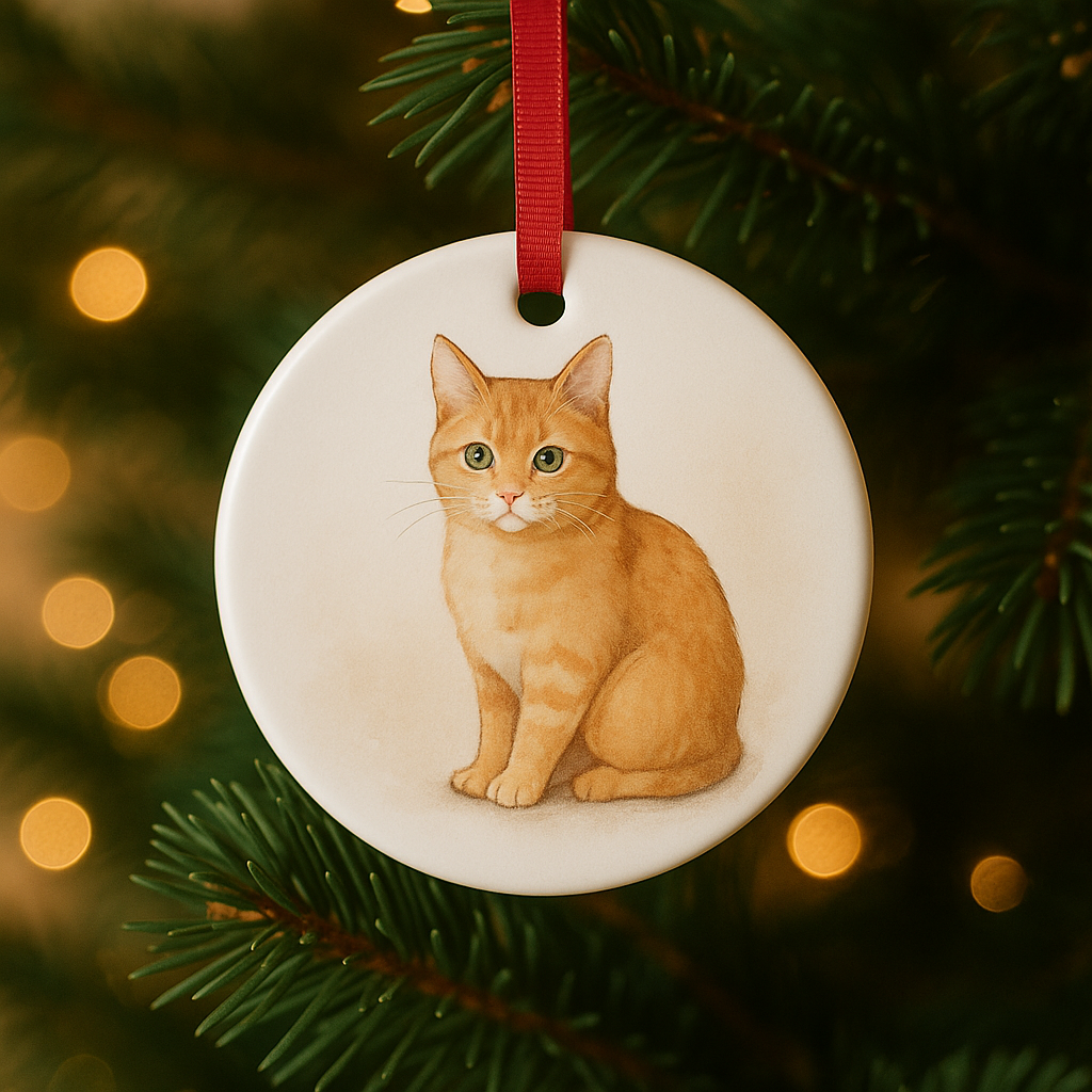 Cat ornament hanging on a Christmas tree with blurred lights in the background. Ceramic ornament with a watercolor portrait of an orange tabby cat on a soft beige background.