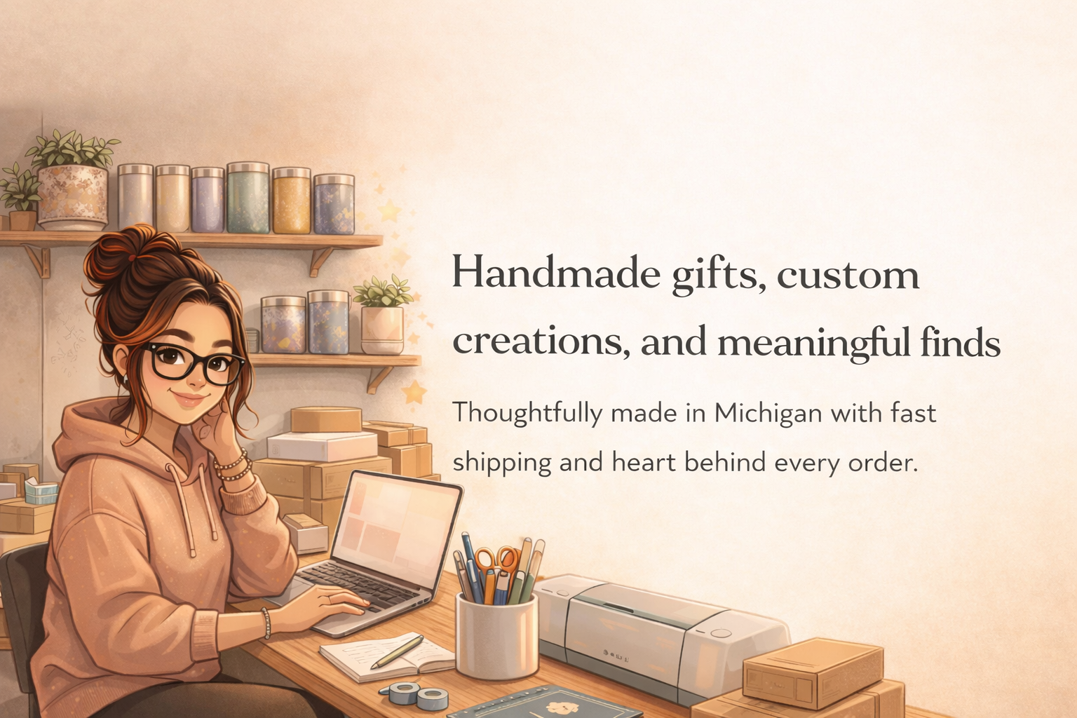 Illustration of a woman working at a desk with text about handmade gifts and custom creations.