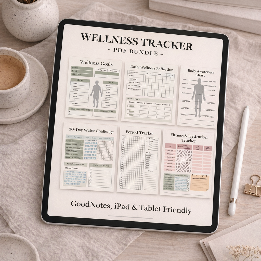 Wellness tracker PDF bundle on a tablet with a cup of coffee and stationery items on a wooden surface.