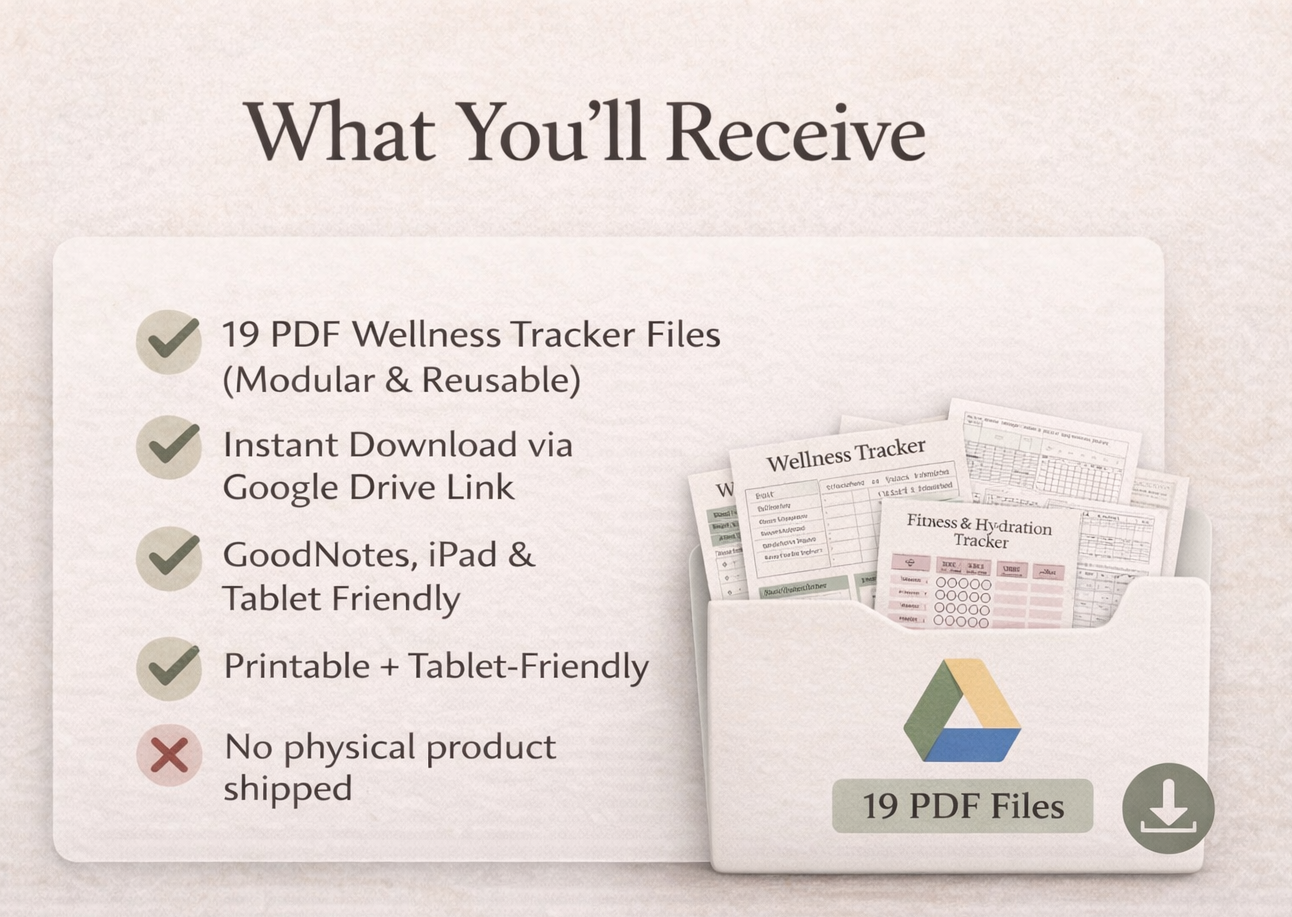 Product packaging with wellness tracker files and digital download information on a light background