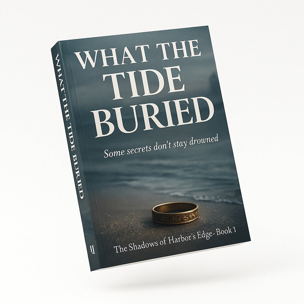 Book titled 'What the Tide Buried' with a ring on a beach cover