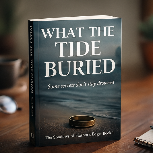 Book titled 'What the Tide Buried' on a wooden table with a blurred background