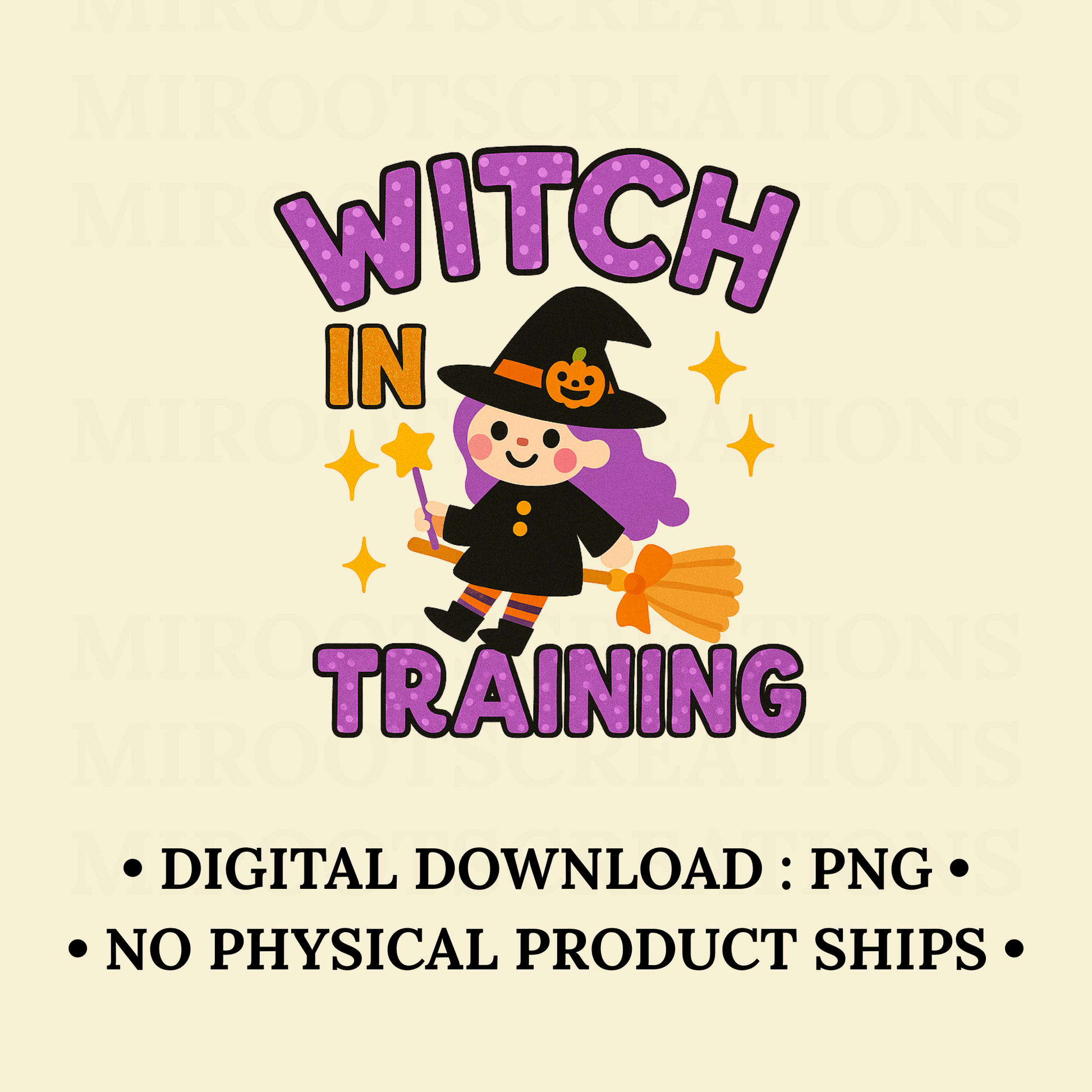 Witch in Training PNG featuring cute purple-haired witch girl with broomstick – Halloween digital download for Cricut and sublimation