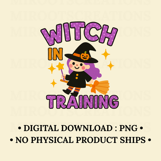 Witch in Training PNG featuring cute purple-haired witch girl with broomstick – Halloween digital download for Cricut and sublimation