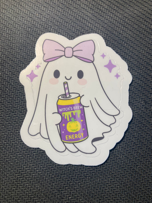Cute ghost Halloween sticker holding a purple can labeled “Witch’s Brew Energy,” decorated with stars and a bow.