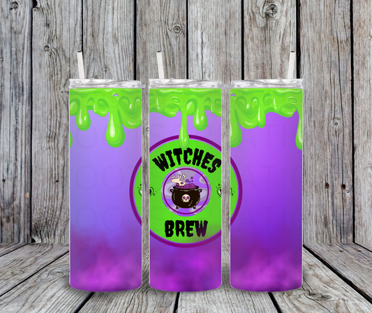 20 oz purple and green tumbler with 'Witches Brew' design on a wooden surface.