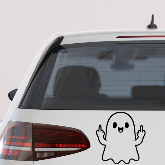 Vinyl car decal of a cartoon ghost holding up two middle fingers with a smile.