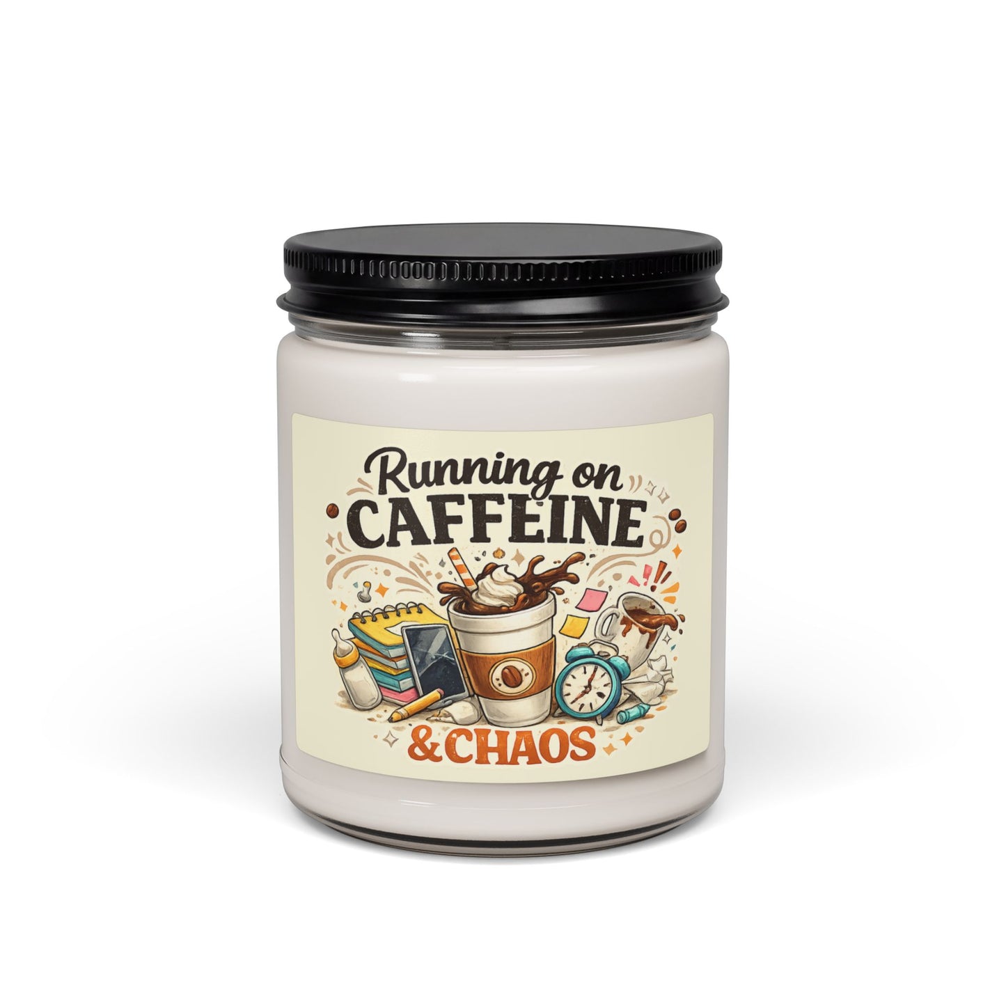 Candle jar with 'Running on Caffeine & Chaos' label on a white background
