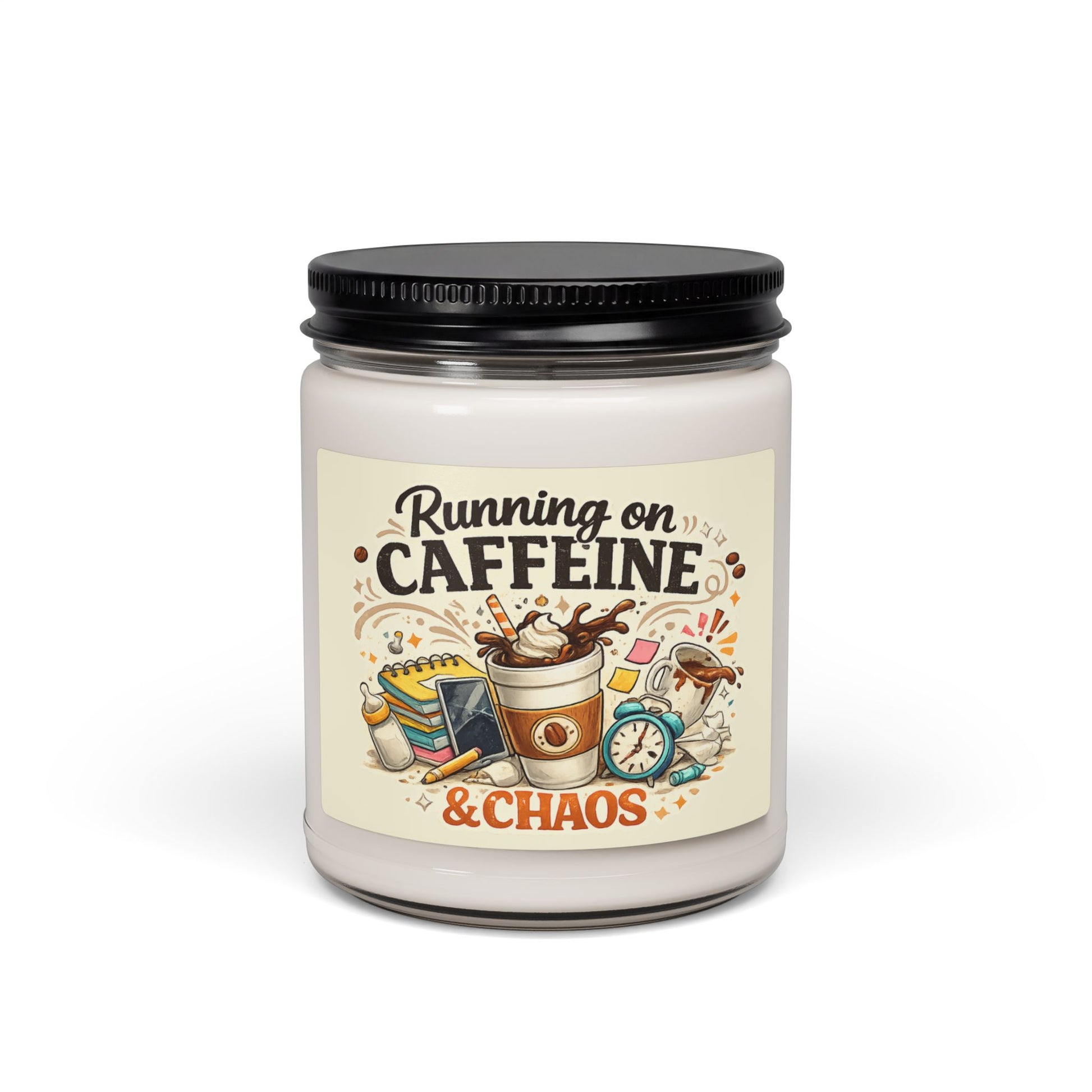 Candle jar with 'Running on Caffeine & Chaos' label on a white background