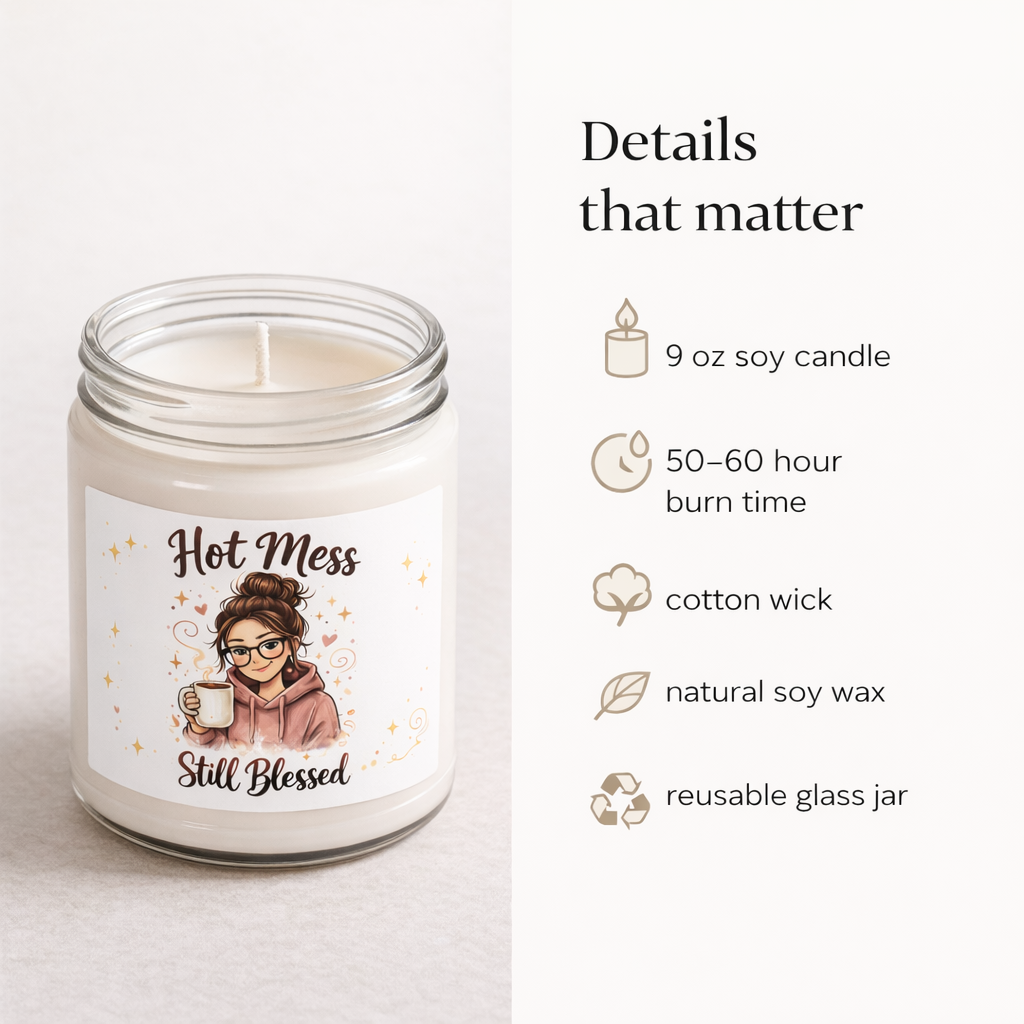 Candle with a label featuring text and graphics on a white background