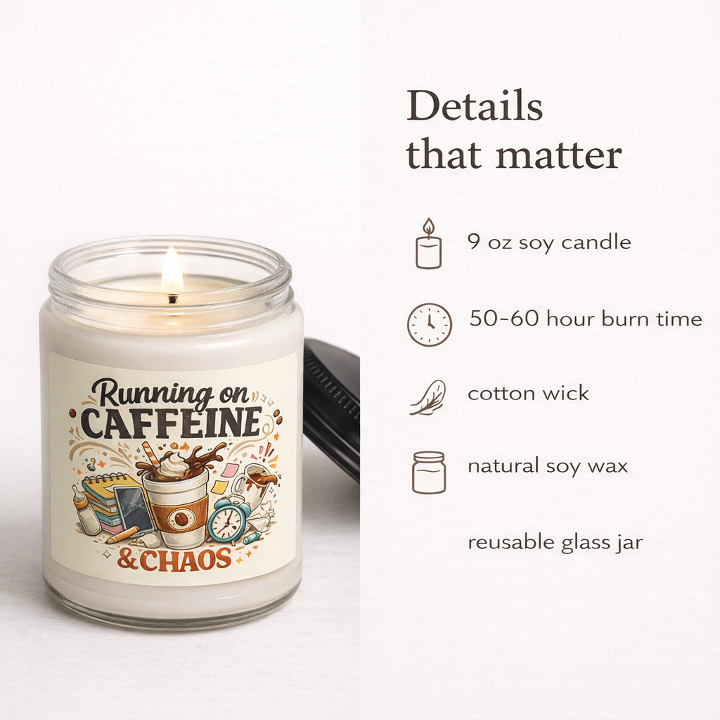 Candle with 'Running on Caffeine & Chaos' design and product details on a white background