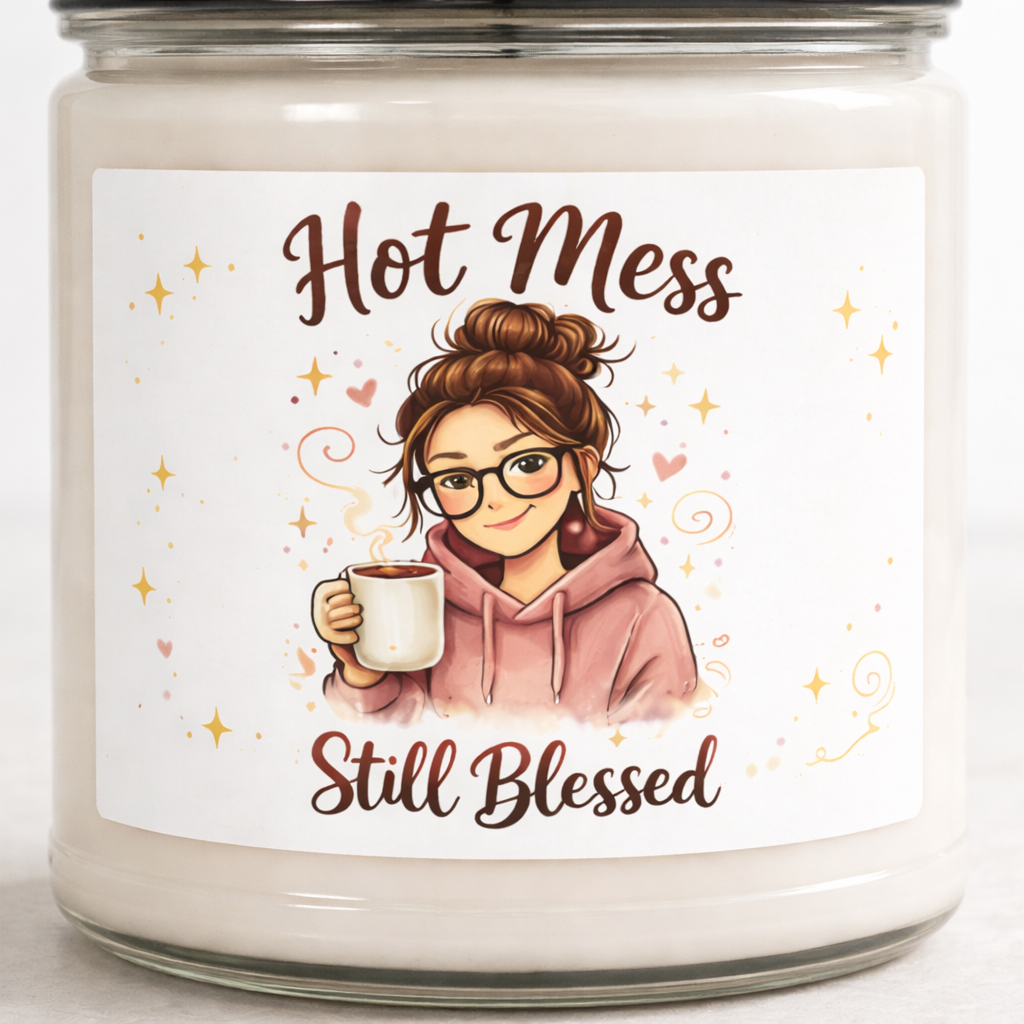 Candle with a label featuring an illustration of a woman holding a mug and text 'Hot Mess Still Blessed' on a white background.