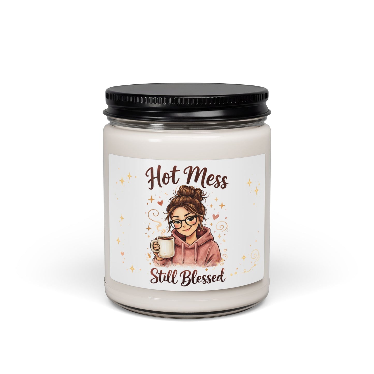 Candle jar with a label featuring an illustration of a woman and text 'Hot Mess Still Blessed' on a white background.