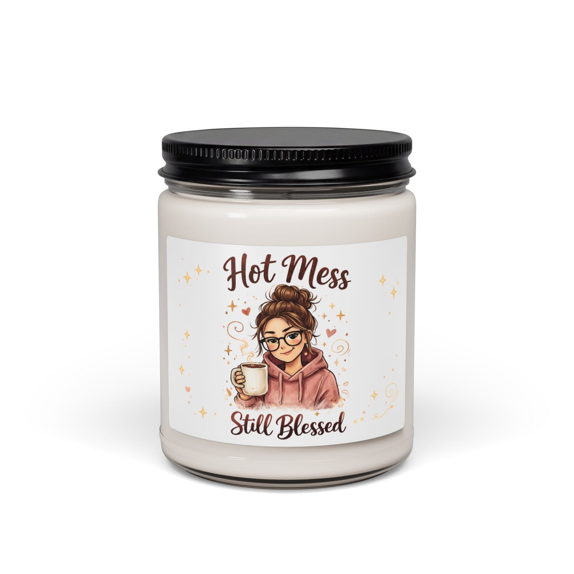 Candle jar with a label featuring an illustration of a woman and text 'Hot Mess Still Blessed' on a white background.