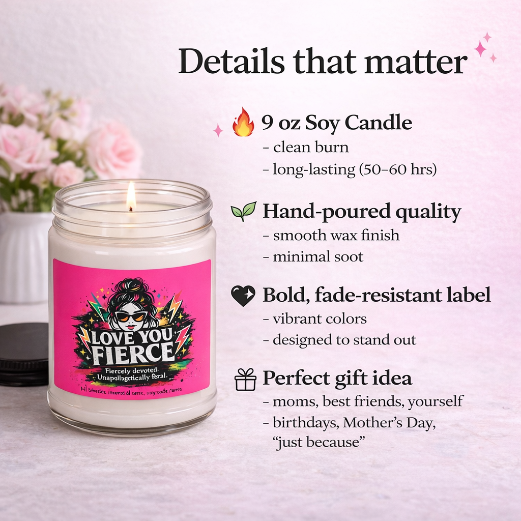 Soy candle with a 'Love You Fierce' label on a light background