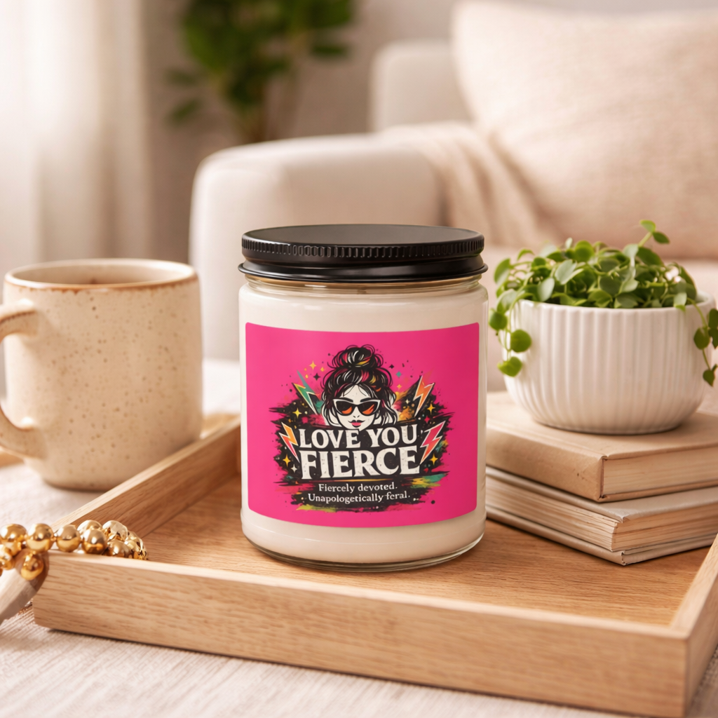 Candle jar with a pink label on a wooden tray in a cozy indoor setting