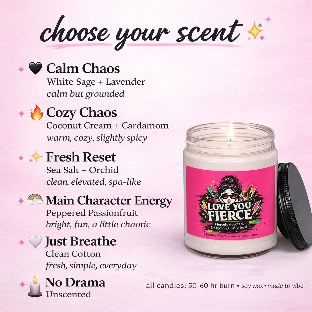 Candle with a colorful label on a pink background, featuring different scents and their descriptions.