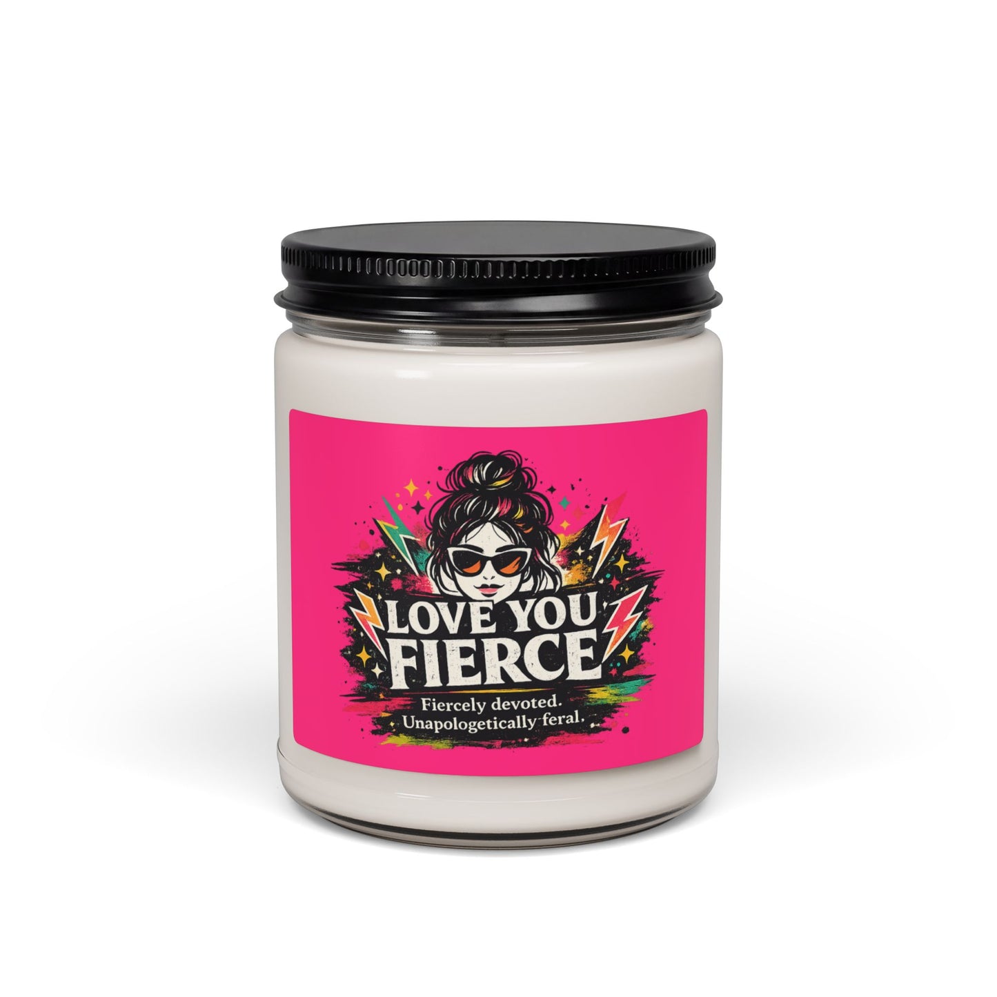 Candle jar with a pink label featuring a graphic design and text on a white background