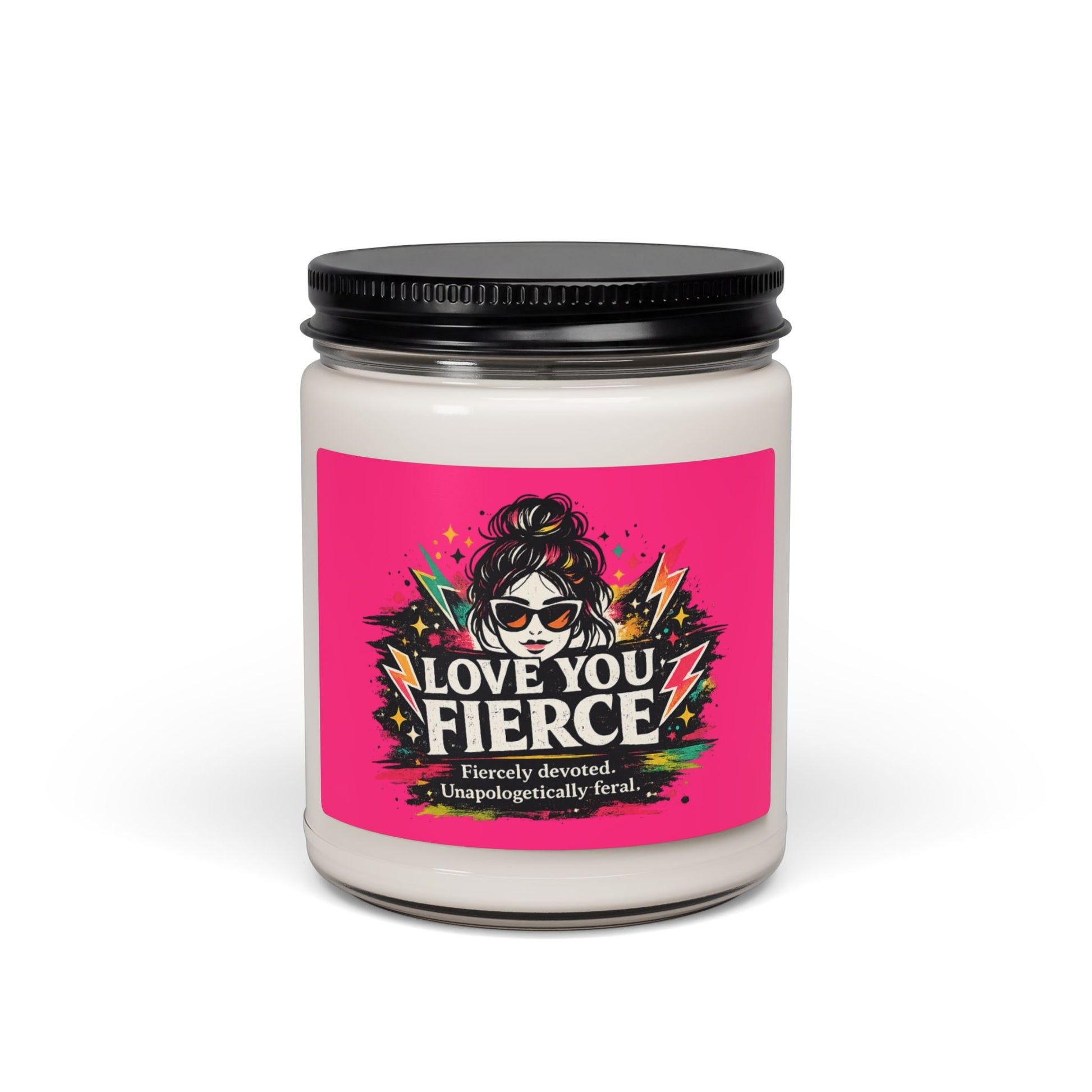 Candle jar with a pink label featuring a graphic design and text on a white background
