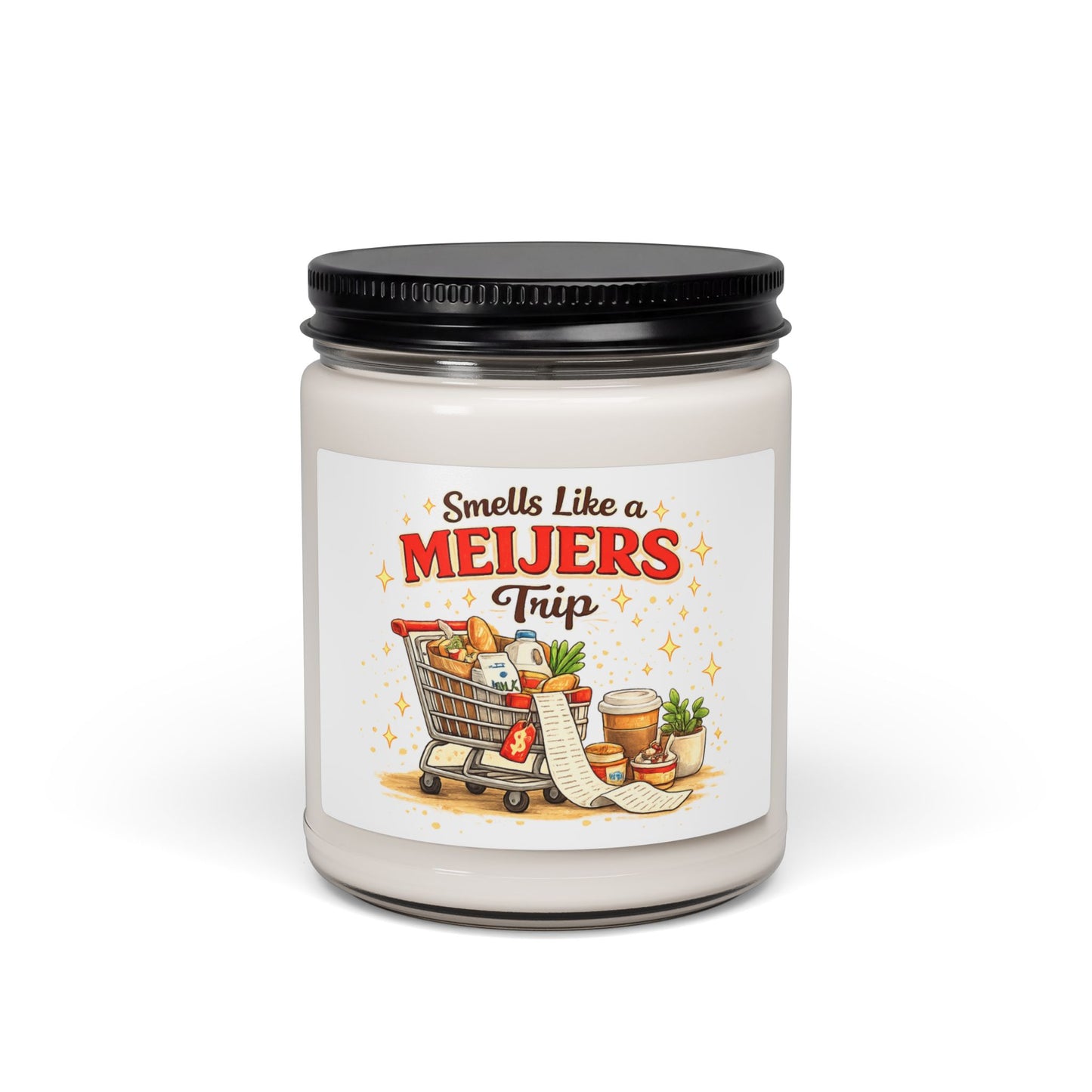 Candle jar with a label reading 'Smells Like a Meijers Trip' on a white background