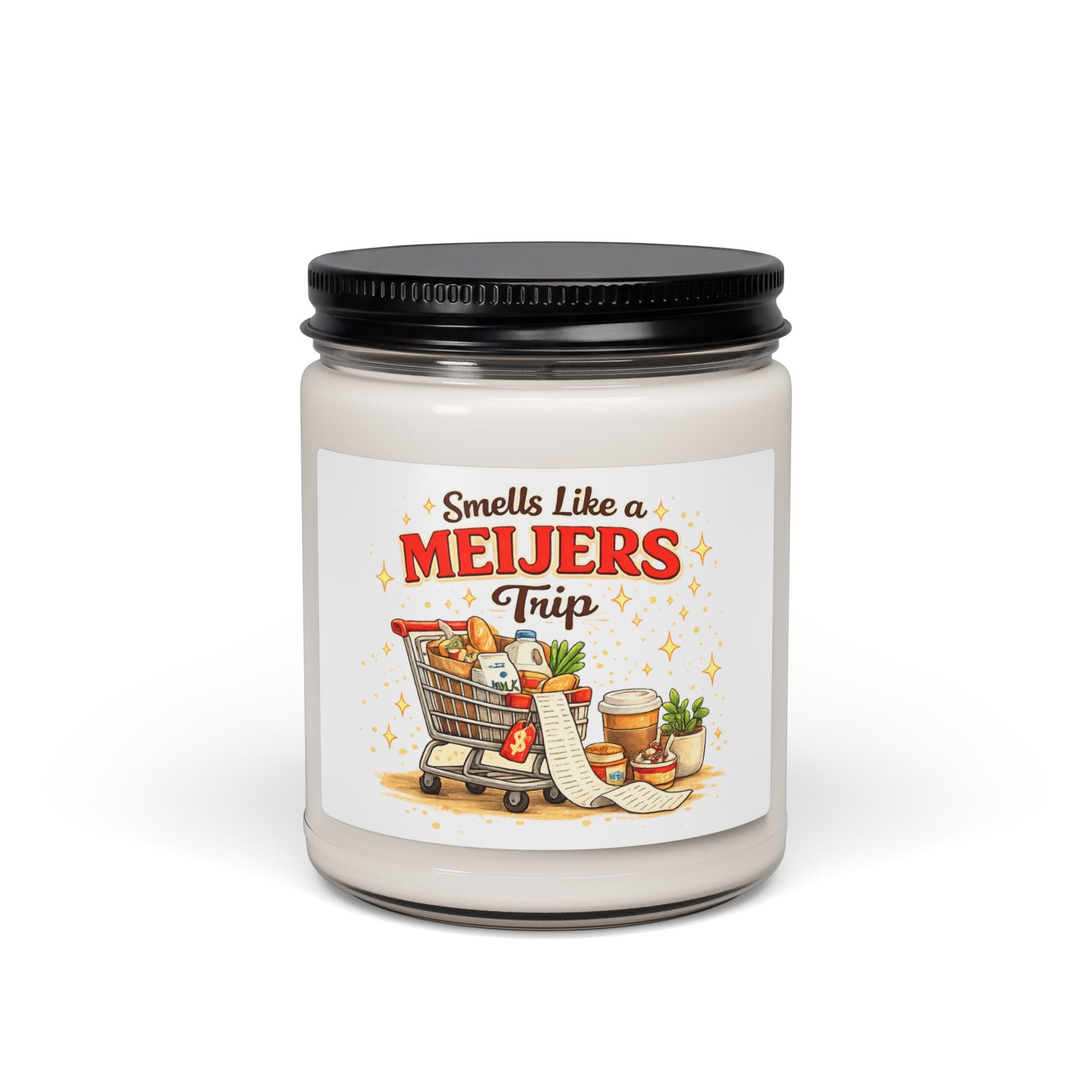 Candle jar with a label reading 'Smells Like a Meijers Trip' on a white background