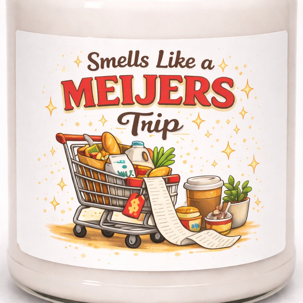 Candle with a label featuring a shopping cart illustration and text 'Smells Like a MEIJERS Trip'.