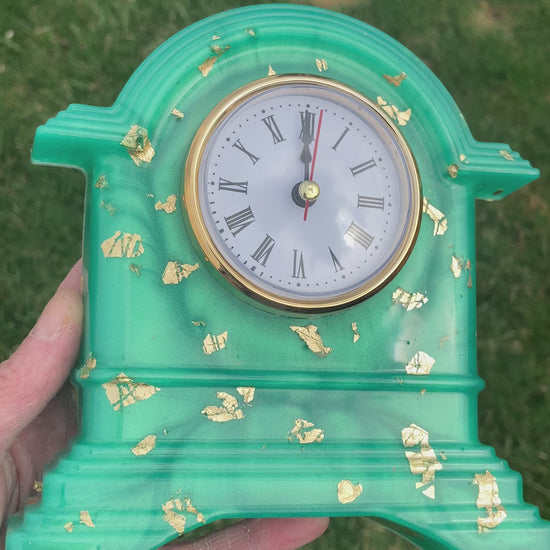 Teal & Gold Resin Desk Clock – Handmade Decorative Clock with Gold Leaf Accents. MIRootsCreations
