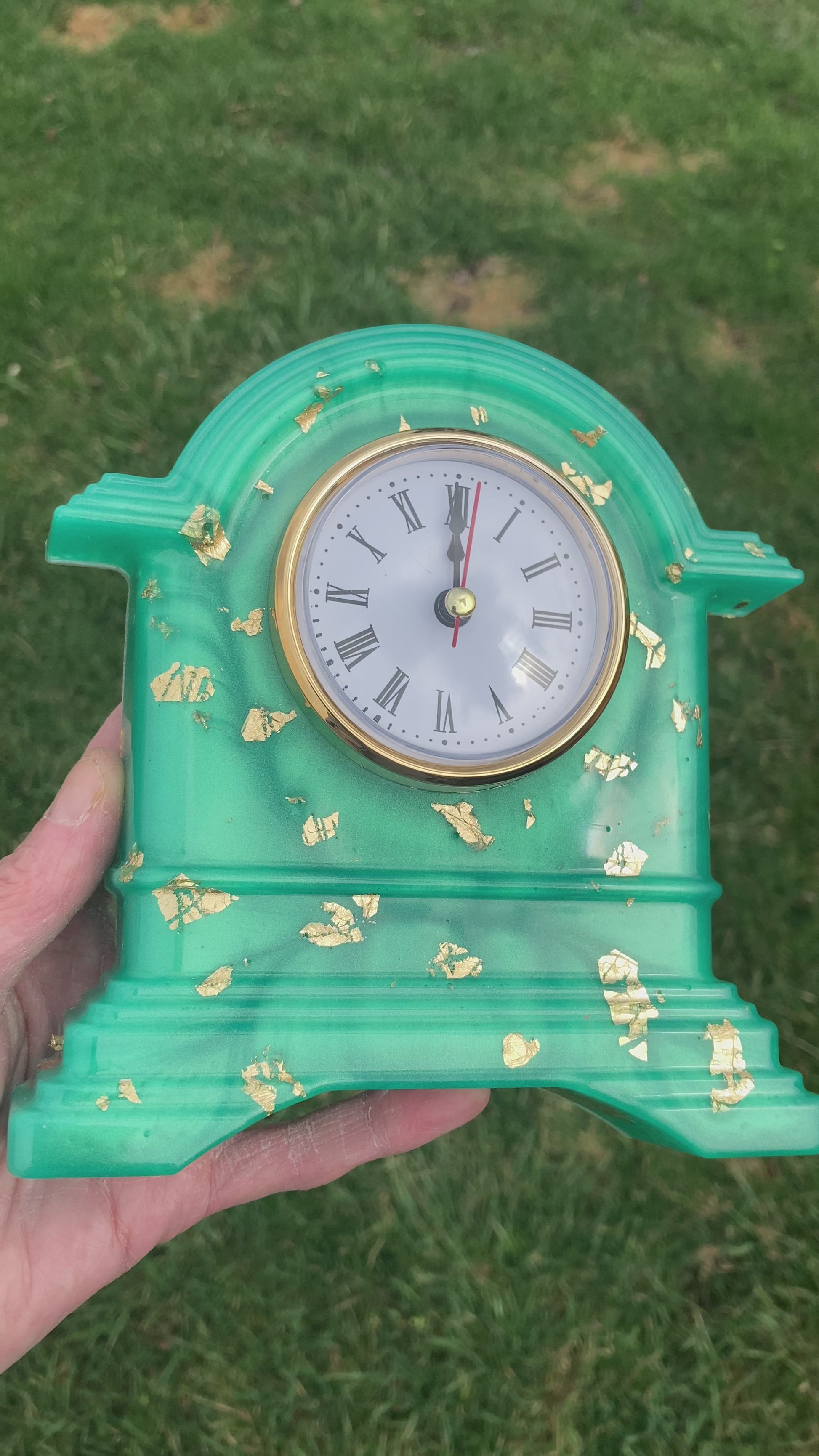 Teal & Gold Resin Desk Clock – Handmade Decorative Clock with Gold Leaf Accents. MIRootsCreations