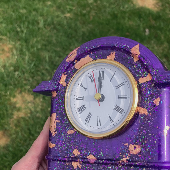 Purple &amp; Gold Resin Desk Clock – Handmade Glitter Clock with Gold Leaf Accents