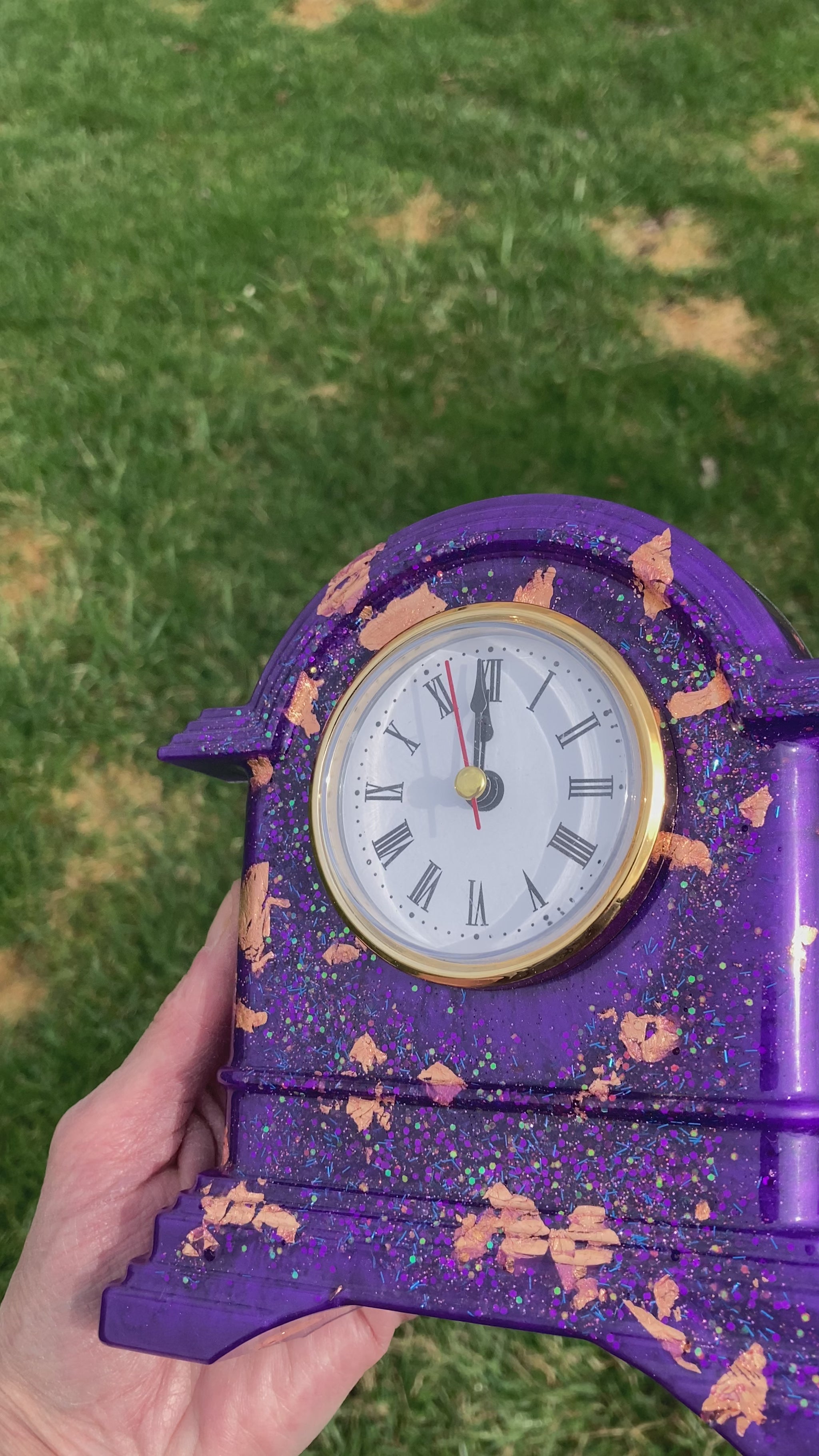 Purple & Gold Resin Desk Clock – Handmade Glitter Clock with Gold Leaf Accents