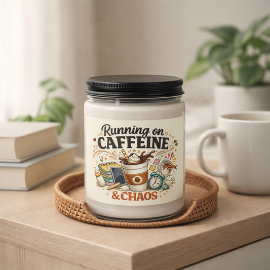 Candle jar with 'Running on Caffeine & Chaos' text on a wooden surface with books and plants in the background.