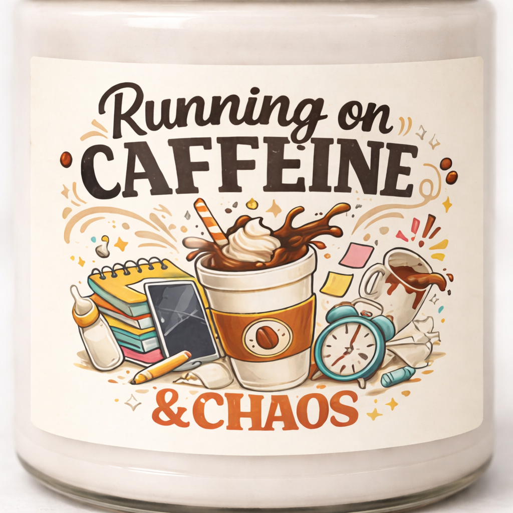 Candle jar with 'Running on Caffeine & Chaos' text and coffee-themed illustrations.