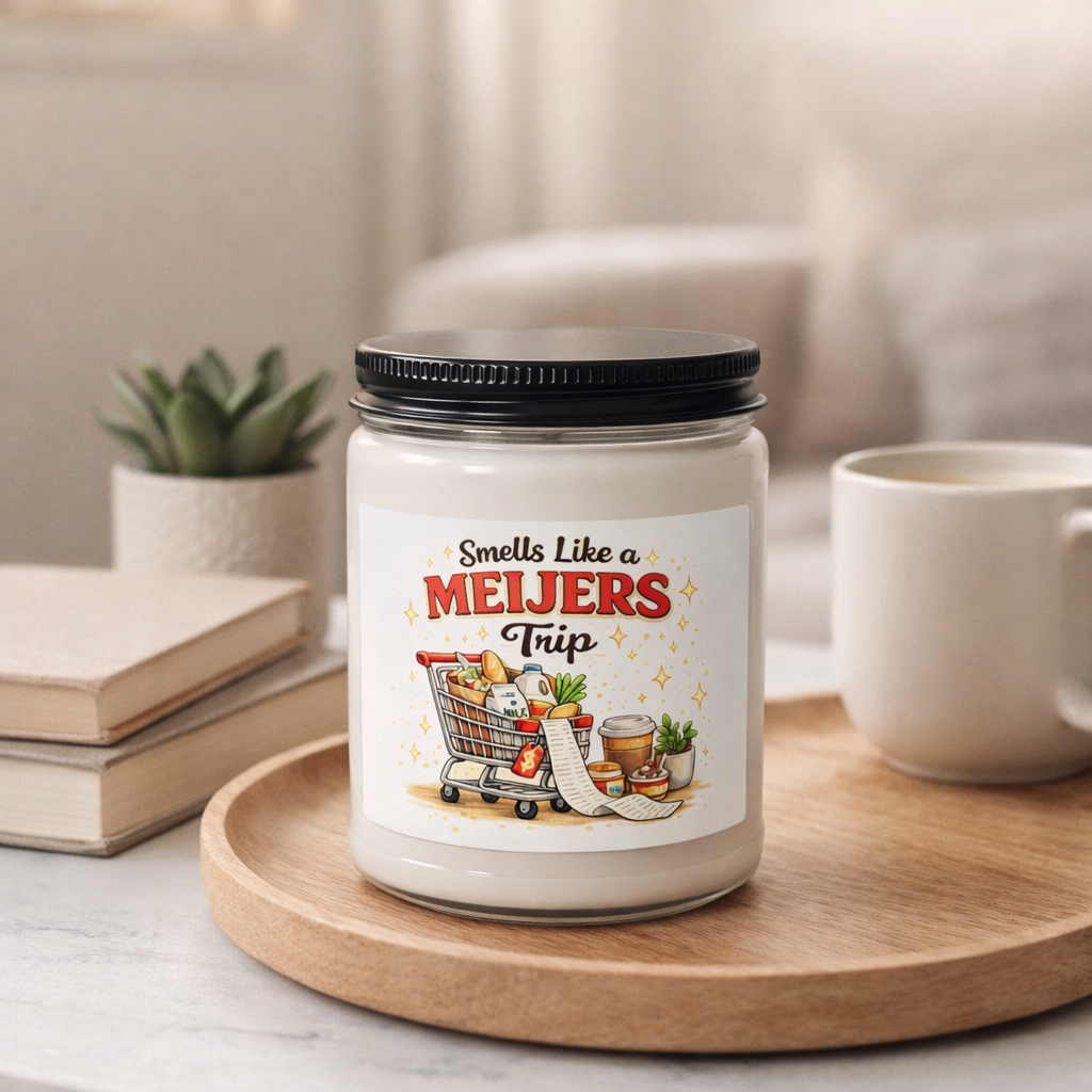 Candle with a 'Meijers Trip' label on a wooden tray with books and a plant in the background