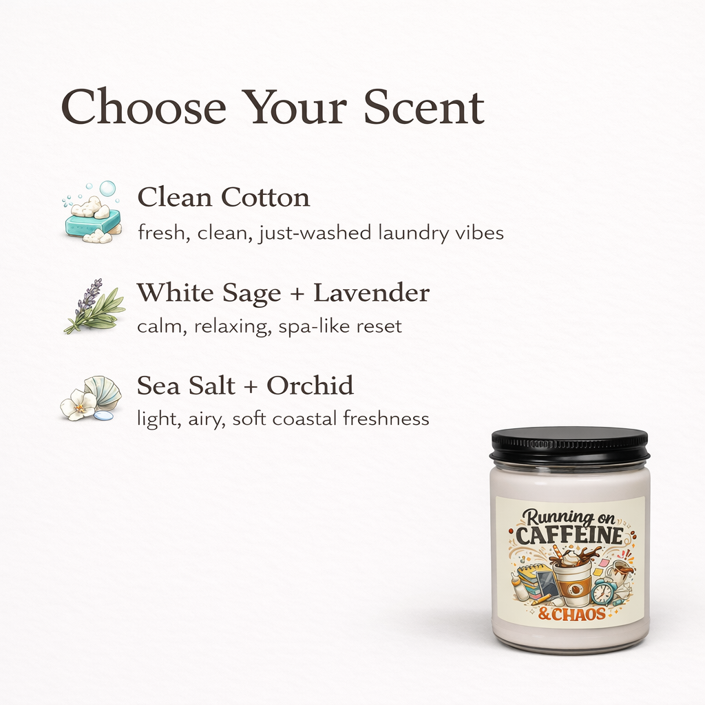 Candle with scents listed on a white background