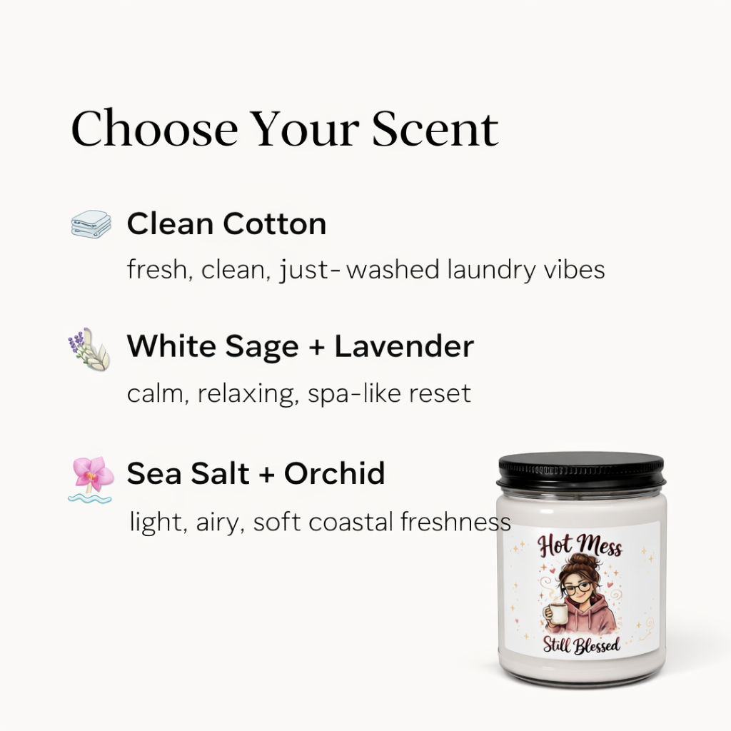 Candle with 'Hot Mess Still Blessed' text and options to choose scent on a white background