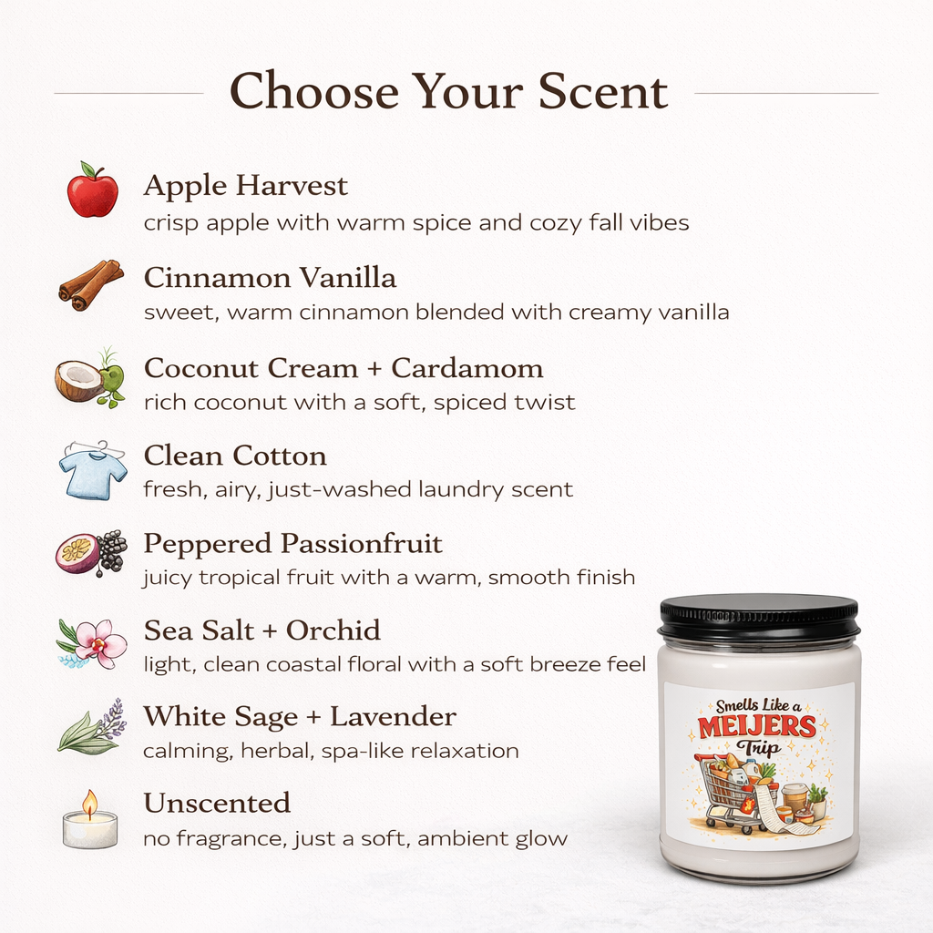 List of candle scents with a Meijer's branded candle on a white background